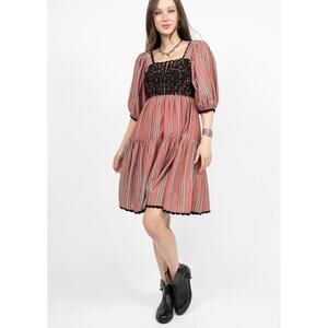 SISTER MARY RED Striped PLAID Embroidered DRESS S